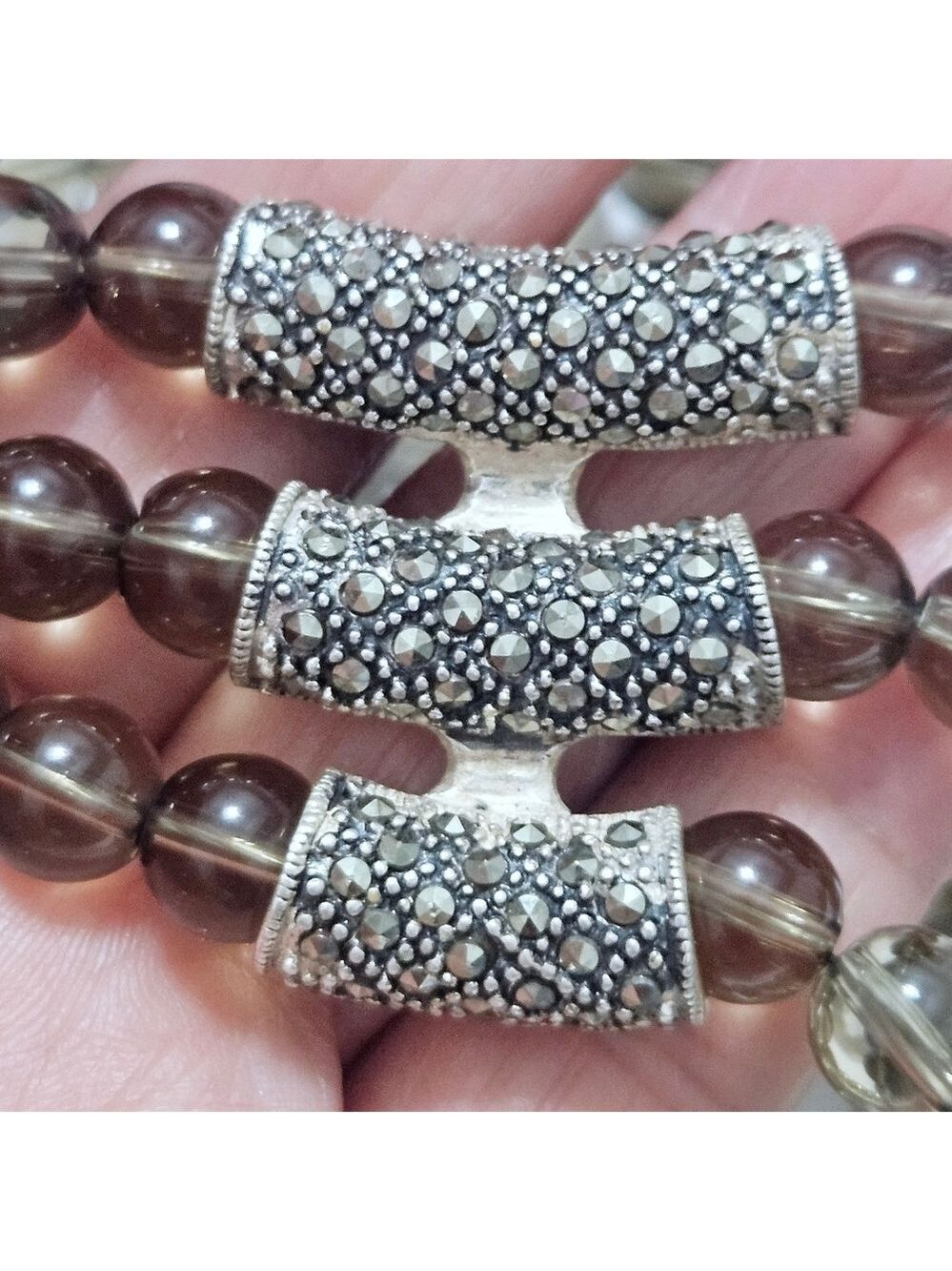 Vintage Triple Strand Natural Smoky Quartz .925 Sterling Silver Necklace - Picture 7 of 7